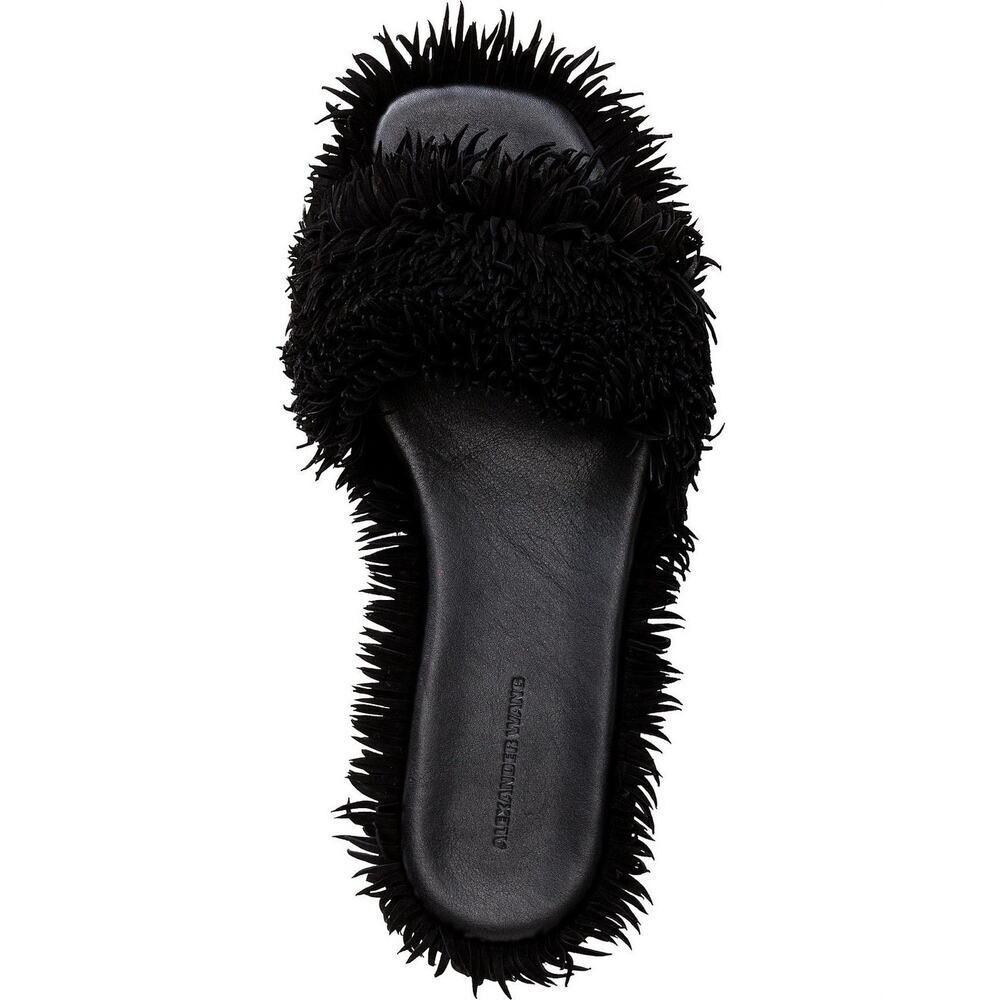 Alexander Wang Josie Black Suede Fringe Flat Sandals Size 8 Fuzzy Slide